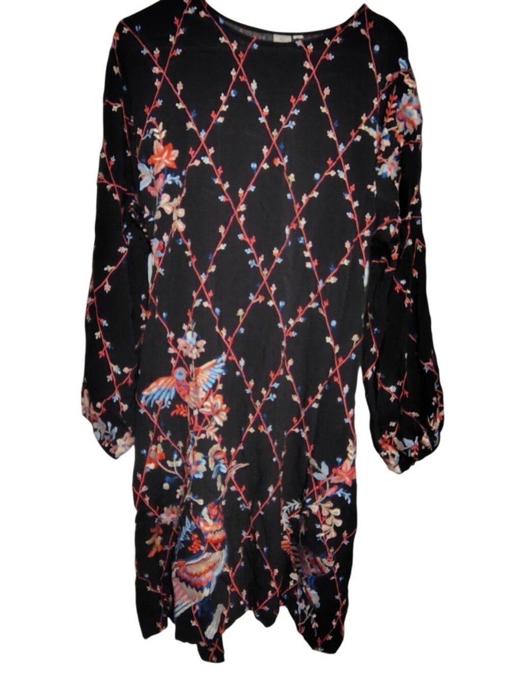 Seen Worn Kept Size 8 Black Dress, Embroidered Bird Flower Medium Elastic Cuff